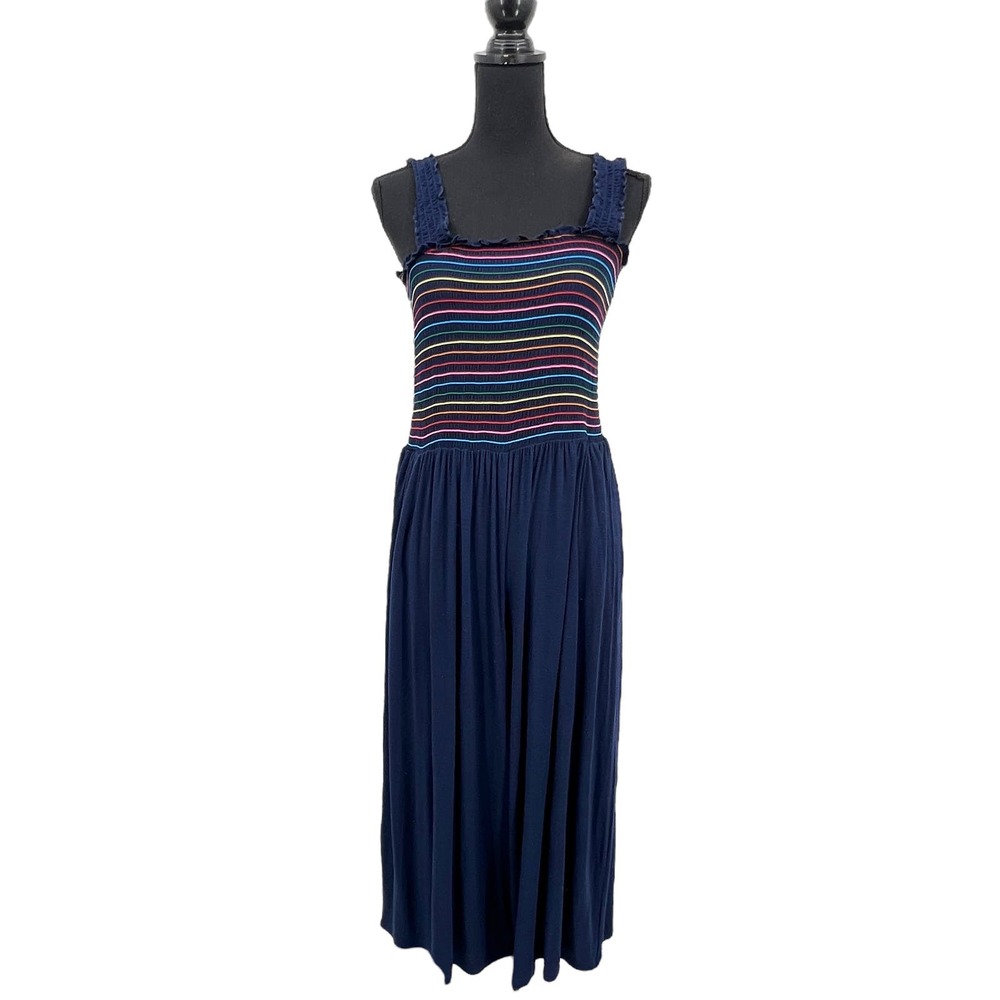 New Modcloth‎ Navy Knit Multicolor Smocked Rainbow Jumpsuite Large